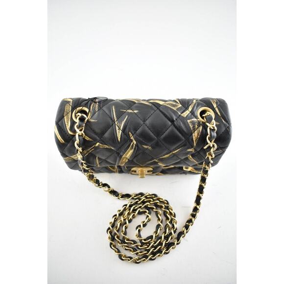 Chanel 21A Black Gold Painted Mini Flap Rectangle CC Quilted Chain Crossbody Bag - Picture 8 of 12